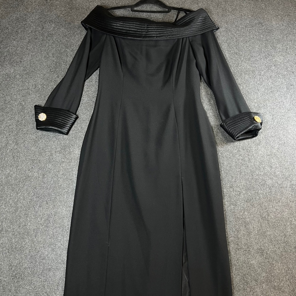 Cache Vintage Off Shoulder Evening Gown Black Satin Trim Rhinestone Button Sz 8